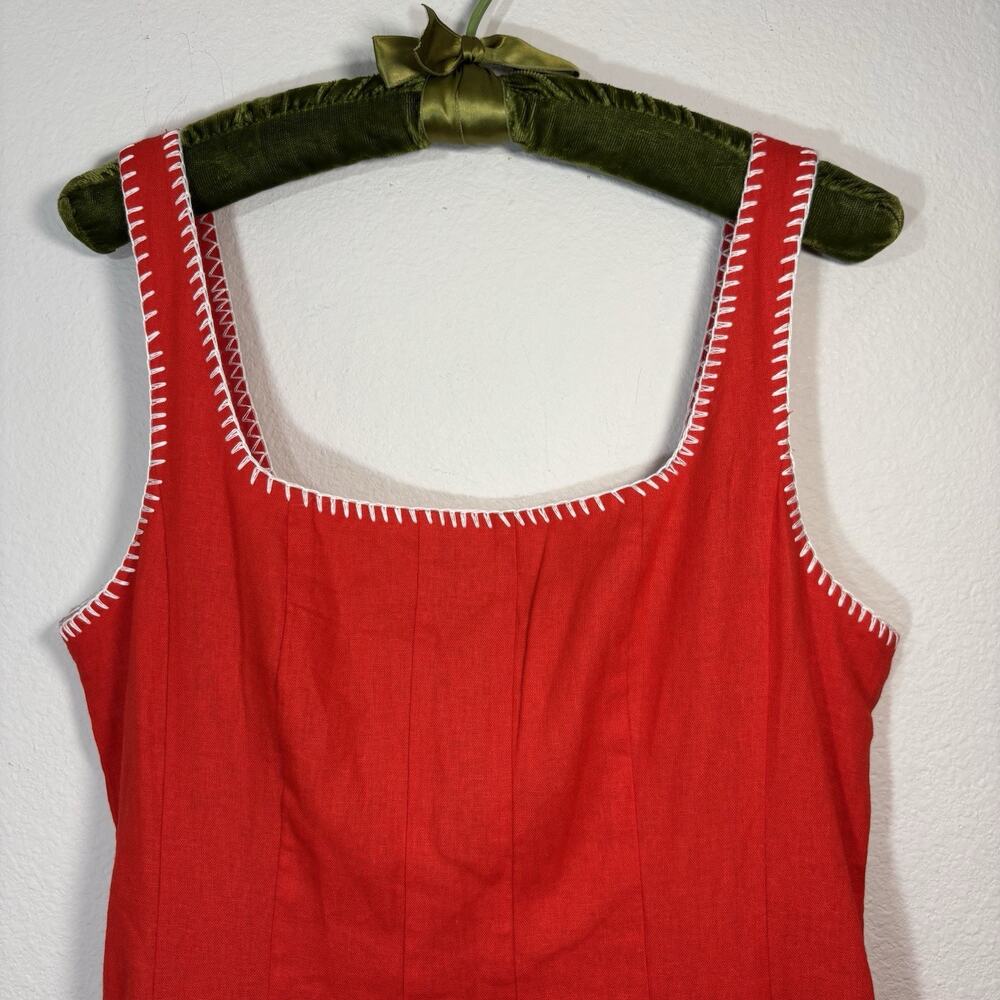 Caroline Constas Whipstitch Trim A-Line Linen Blend Midi Dress Cherry Red SZ 10 - Picture 3 of 12